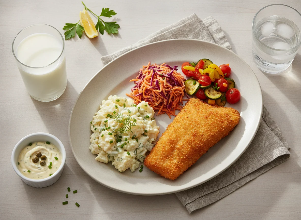 Breaded fish with potato salad and fresh vegetables photo