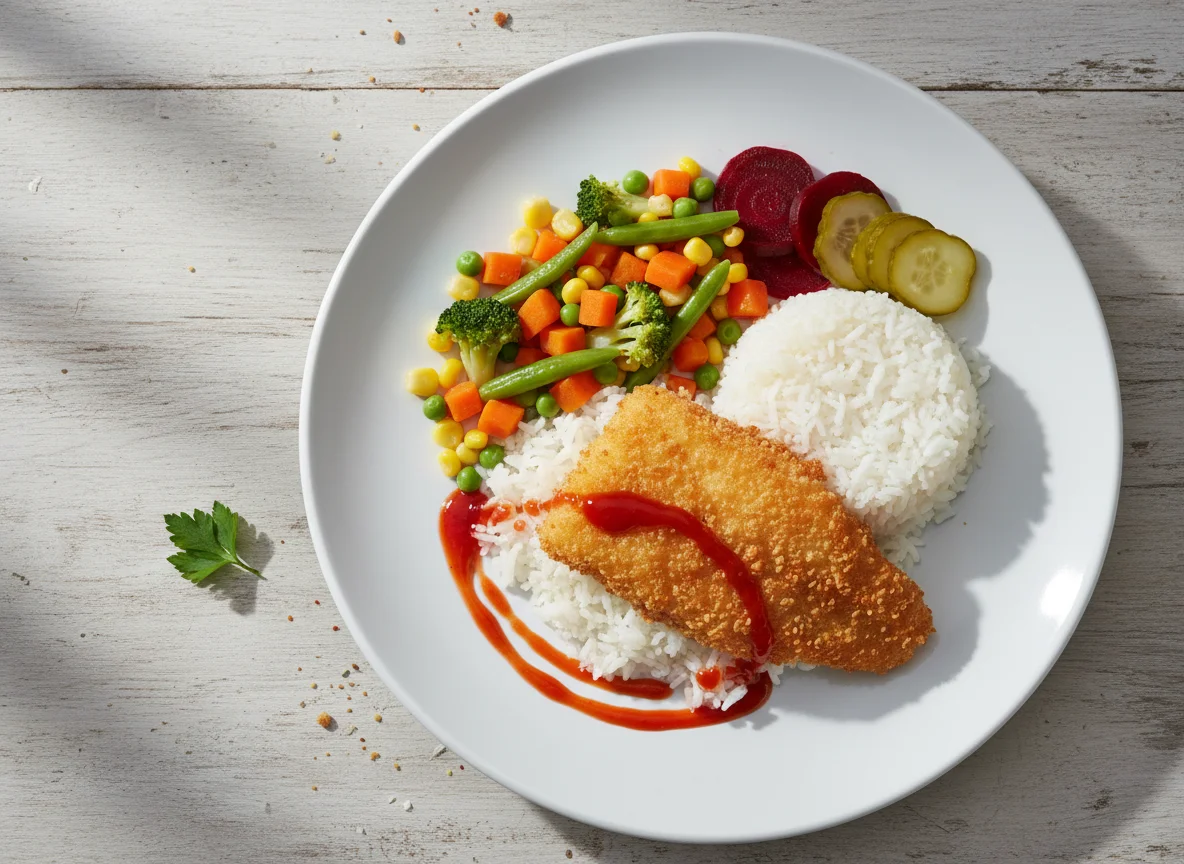 Breaded fish with rice and mixed vegetables photo