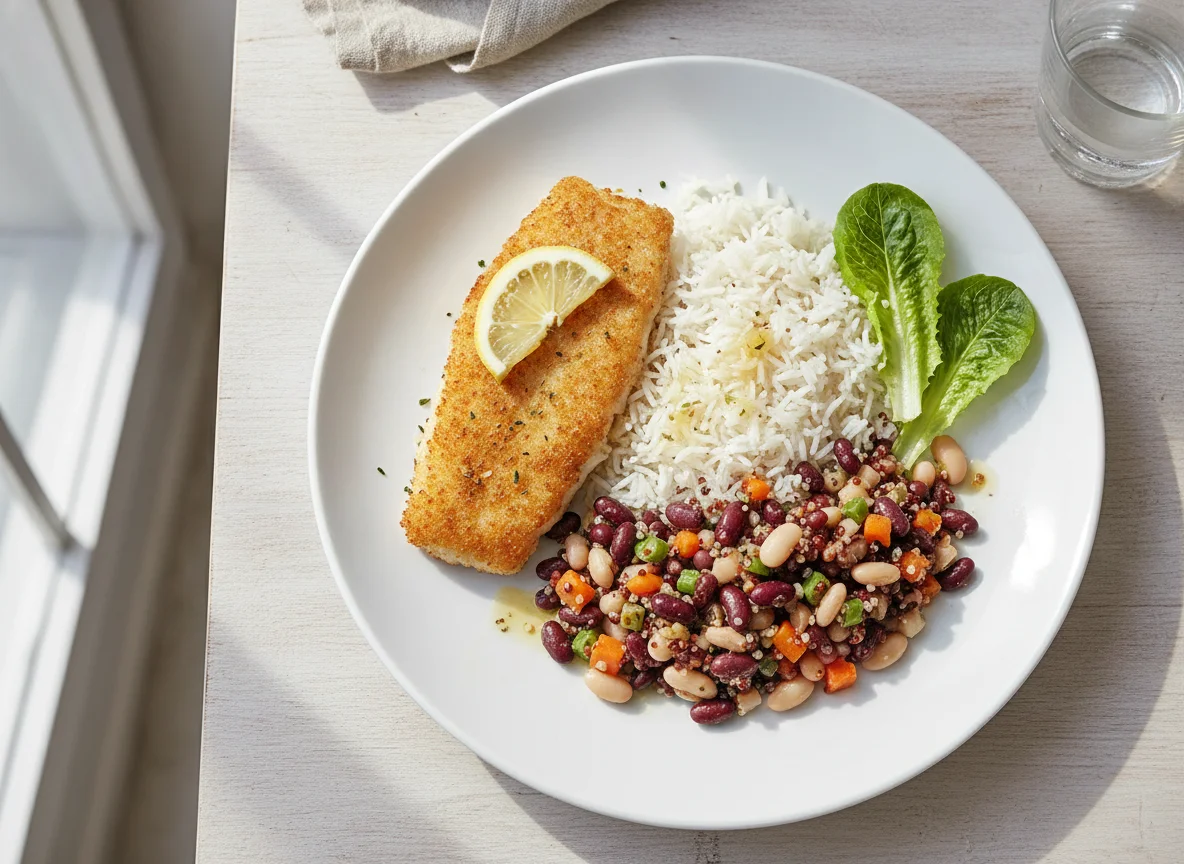 Breaded fish with rice, salad and bean medley photo