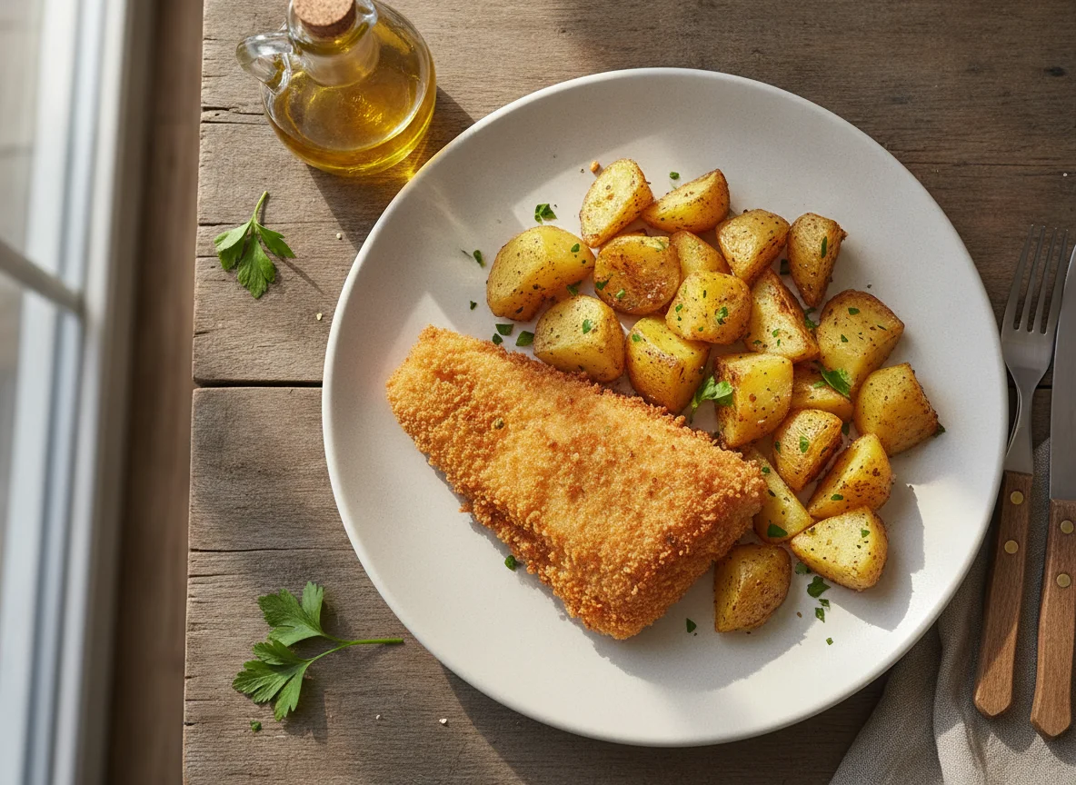 Breaded fish with roasted potatoes photo