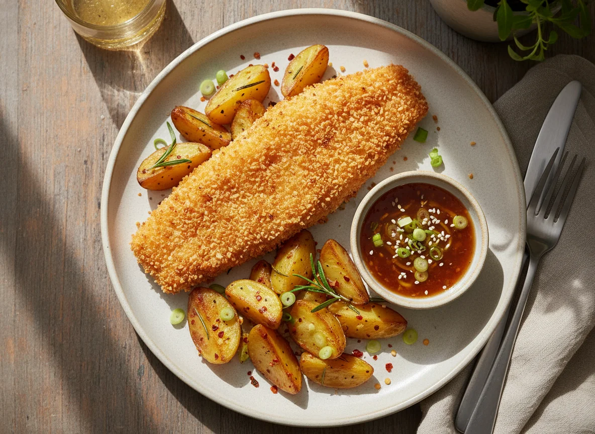 Breaded Fish with Roasted Potatoes and Sauce photo