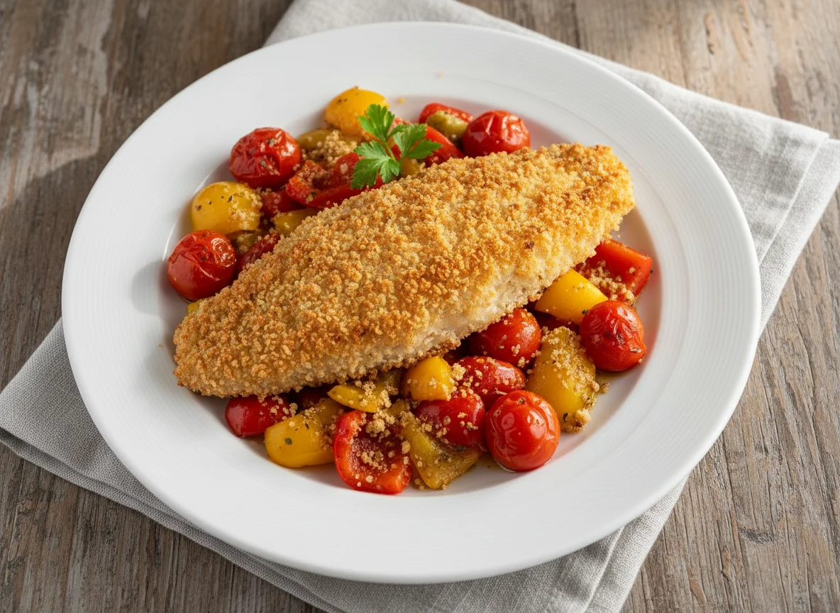 Breaded Fish with Roasted Vegetables photo