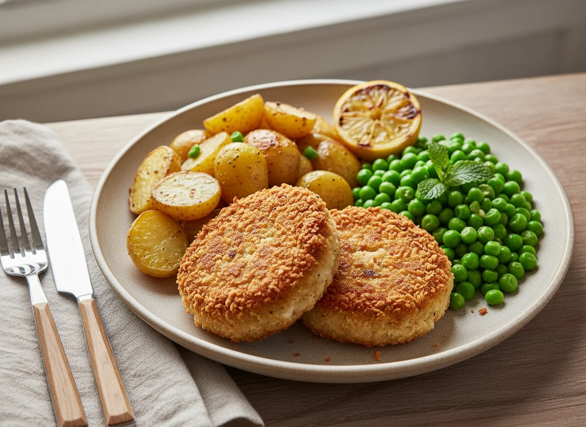 Breaded Fishcake with Roasted Potatoes and Peas photo