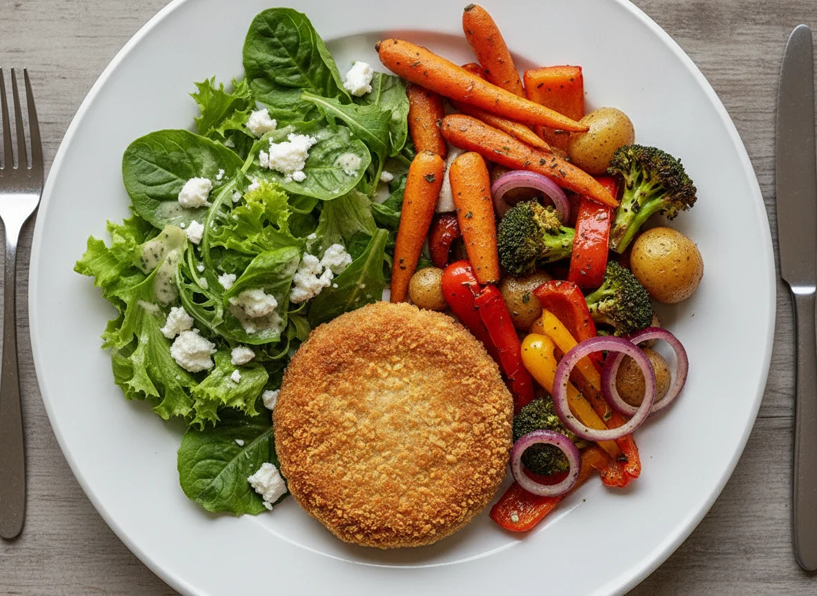 Breaded meat patty with mixed salad and roasted vegetables photo