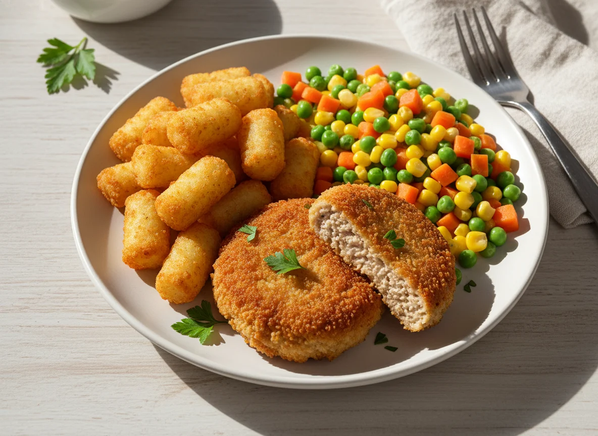 Breaded Patty with Potato Tots and Mixed Vegetables photo