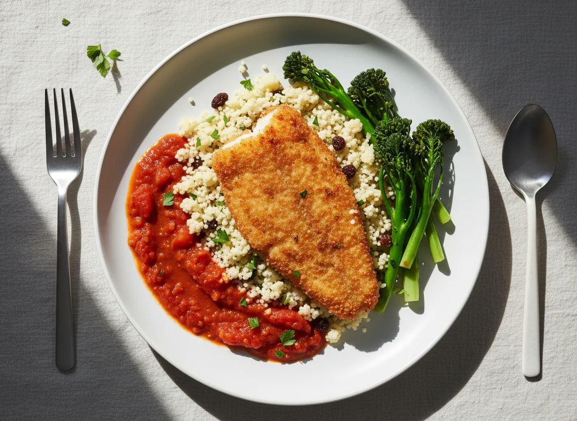 Breaded Plaice with Couscous, Tomato Sauce and Tenderstem Broccoli photo