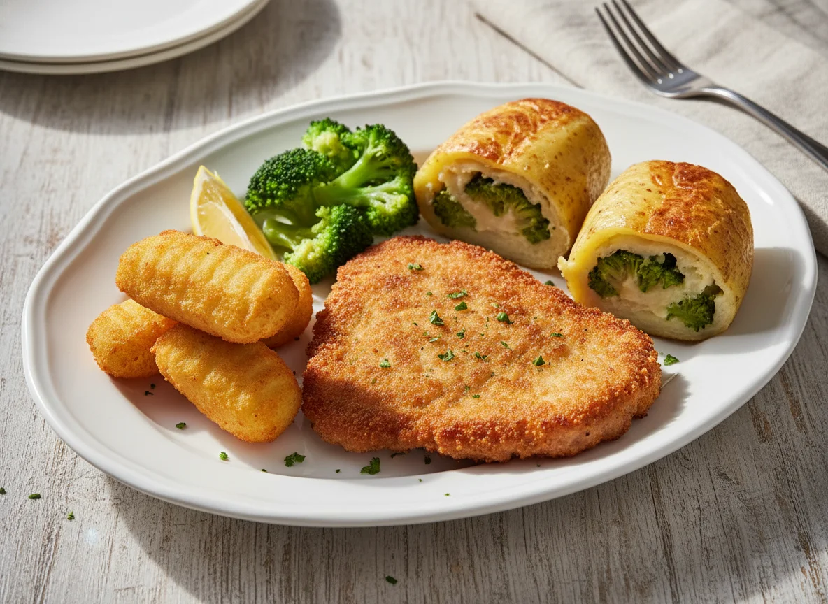 Breaded pork with potato croquettes and broccoli stuffed potato photo