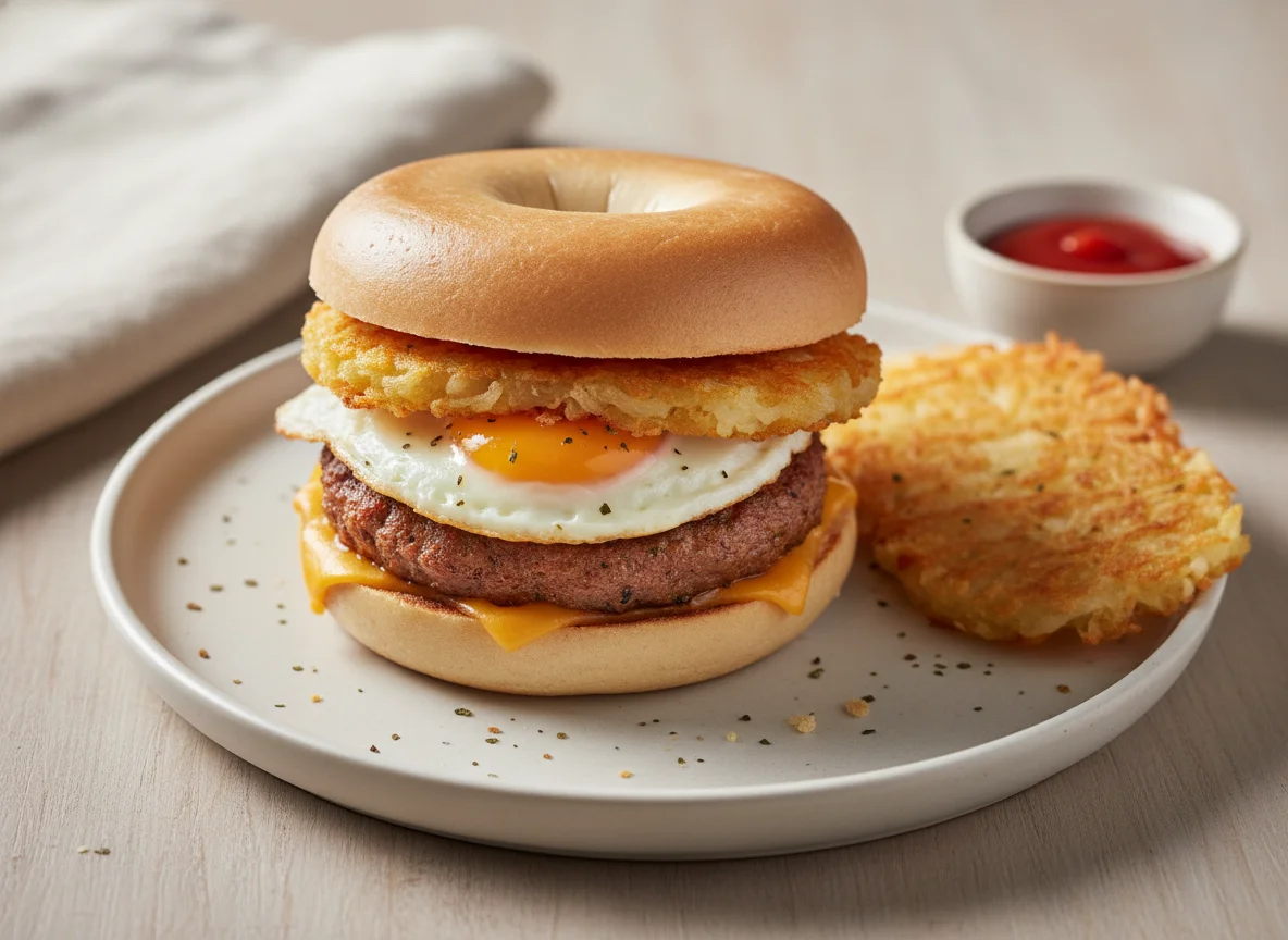 Breakfast Bagel Sandwich with Hash Brown photo