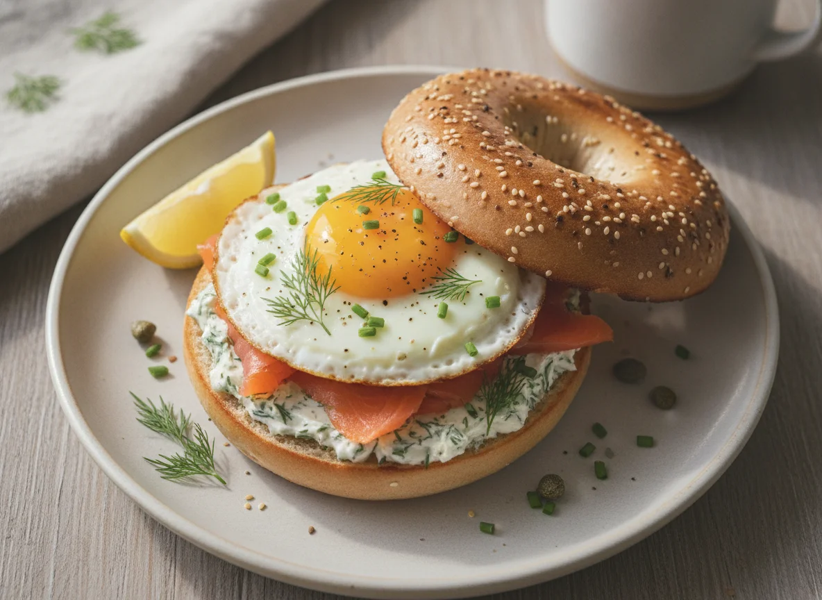 Breakfast Bagel Sandwich with Smoked Salmon photo