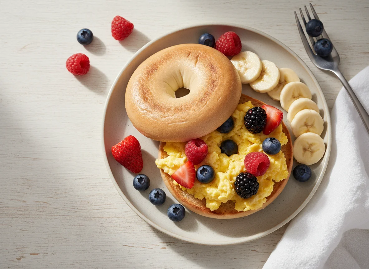 Breakfast Bagel with Mixed Berries and Banana photo