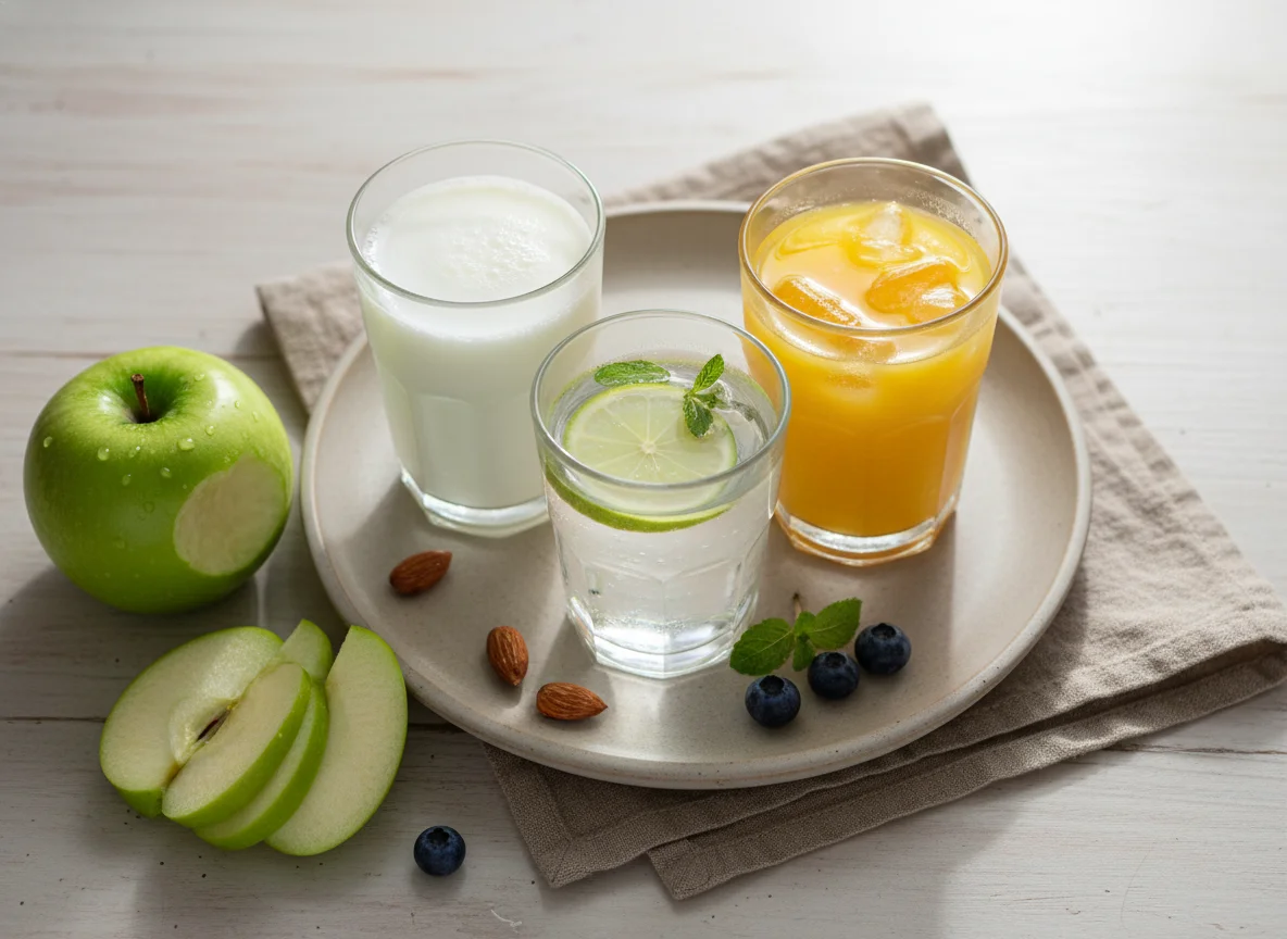 Breakfast beverages and fruit photo