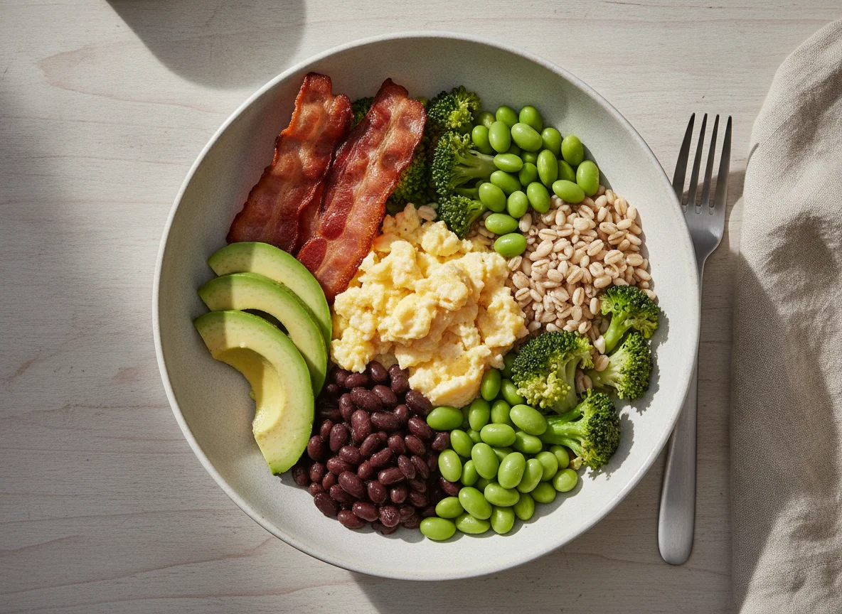 Breakfast bowl with avocado and turkey bacon photo