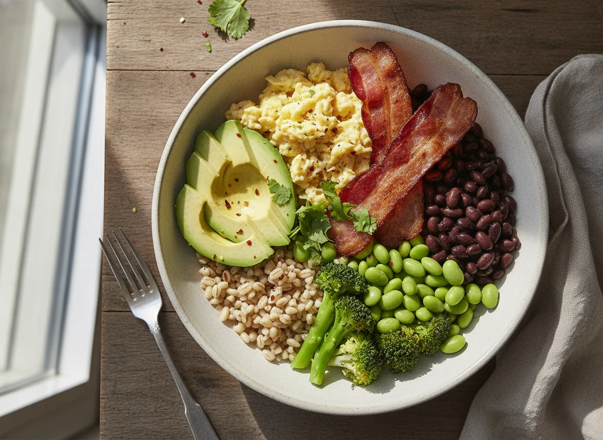 Breakfast Bowl with Avocado, Eggs, and Bacon photo