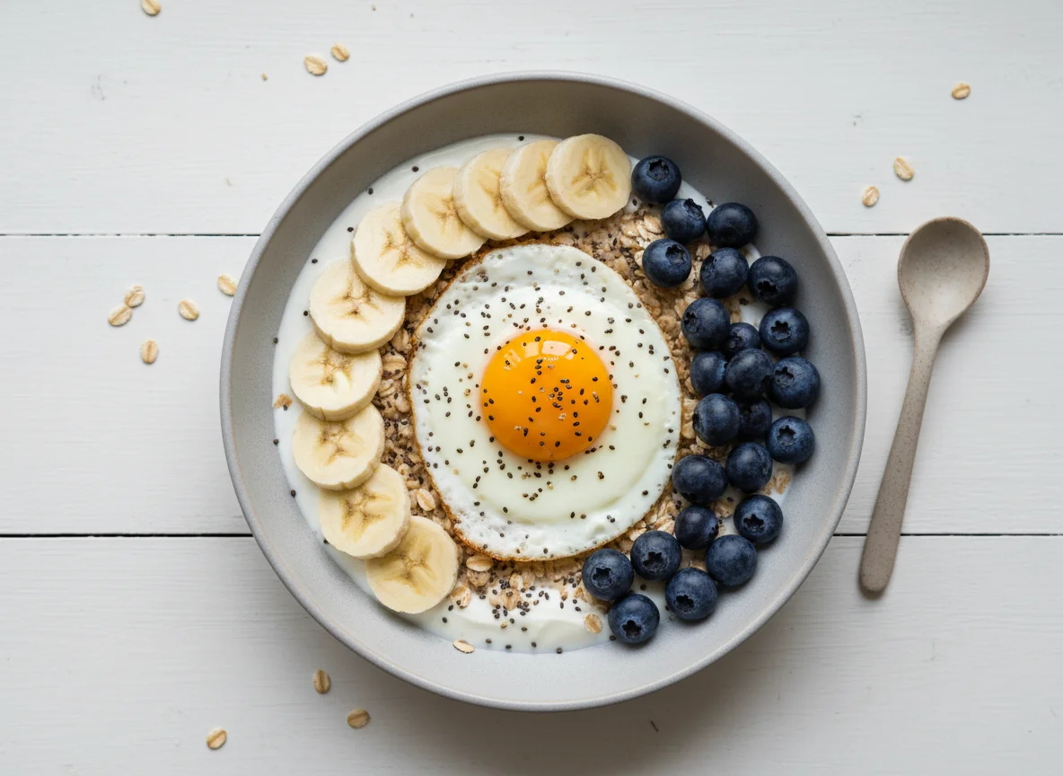 Breakfast Bowl with Banana, Oats, Egg, Blueberries and Chia Seeds photo