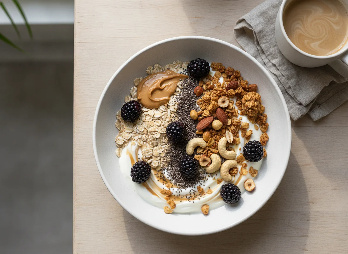 Breakfast bowl with blackberries, nuts, and chia seeds photo