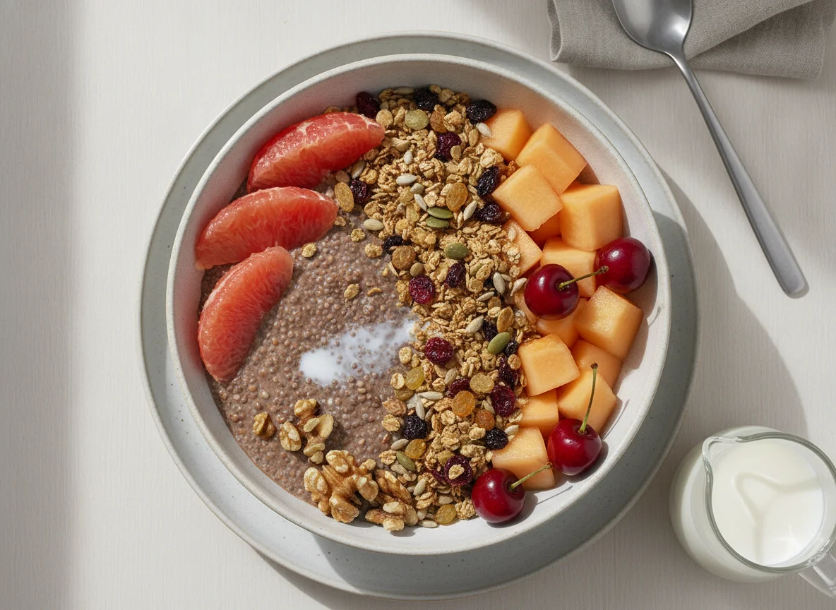 Breakfast bowl with chia pudding, muesli and fresh fruit photo