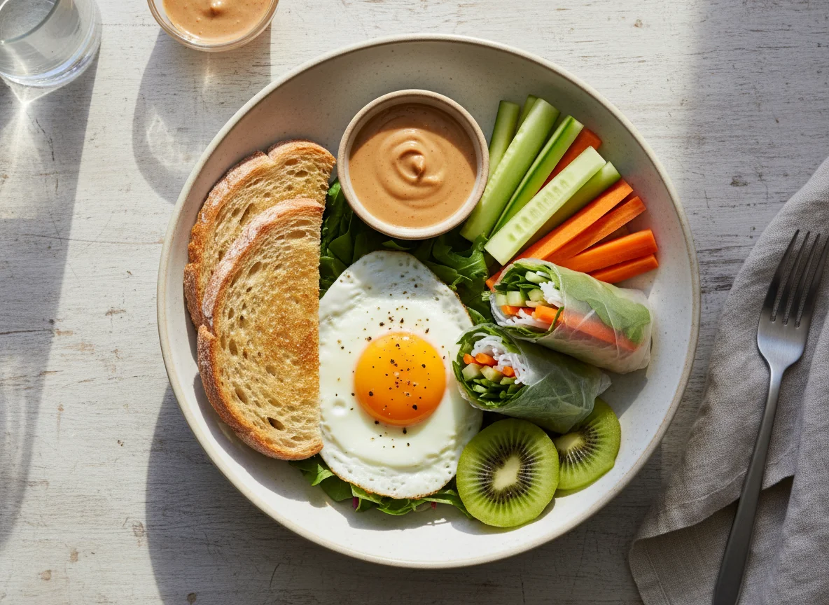 Breakfast bowl with egg, toast, spring roll, vegetables, kiwi and peanut sauce photo