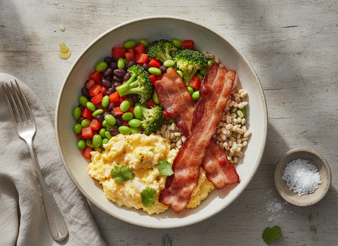 Breakfast bowl with eggs, bacon, and vegetable medley photo