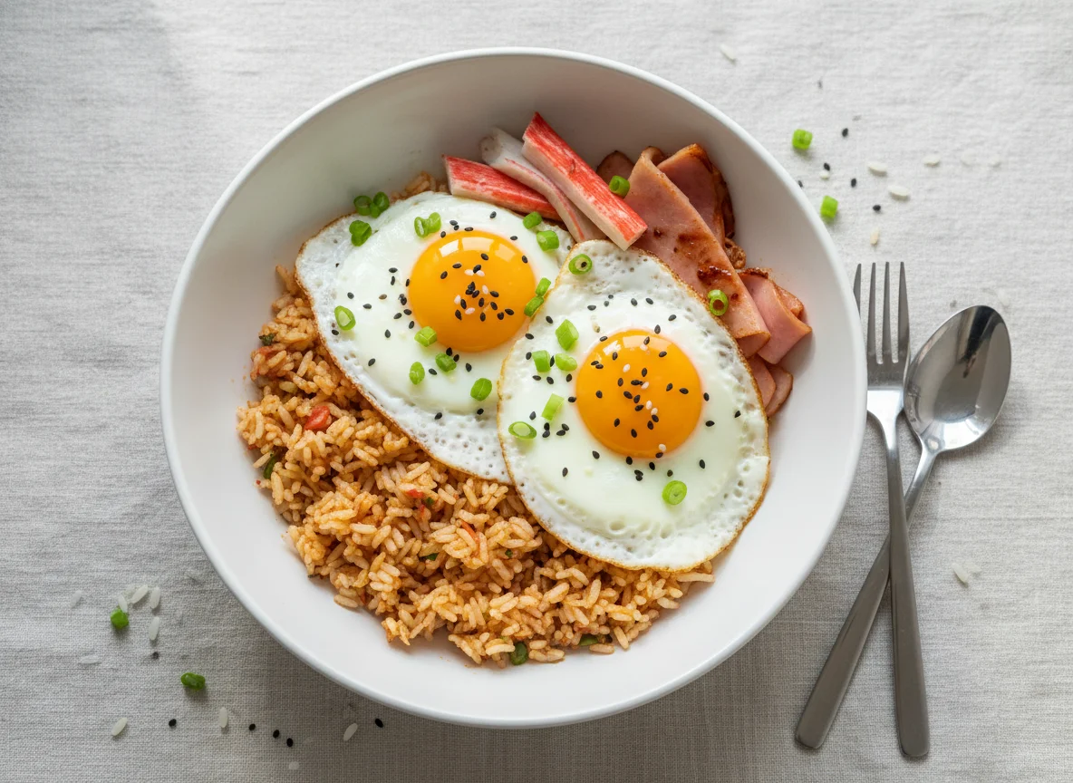 Breakfast Bowl with Eggs, Ham, and Crab Sticks photo