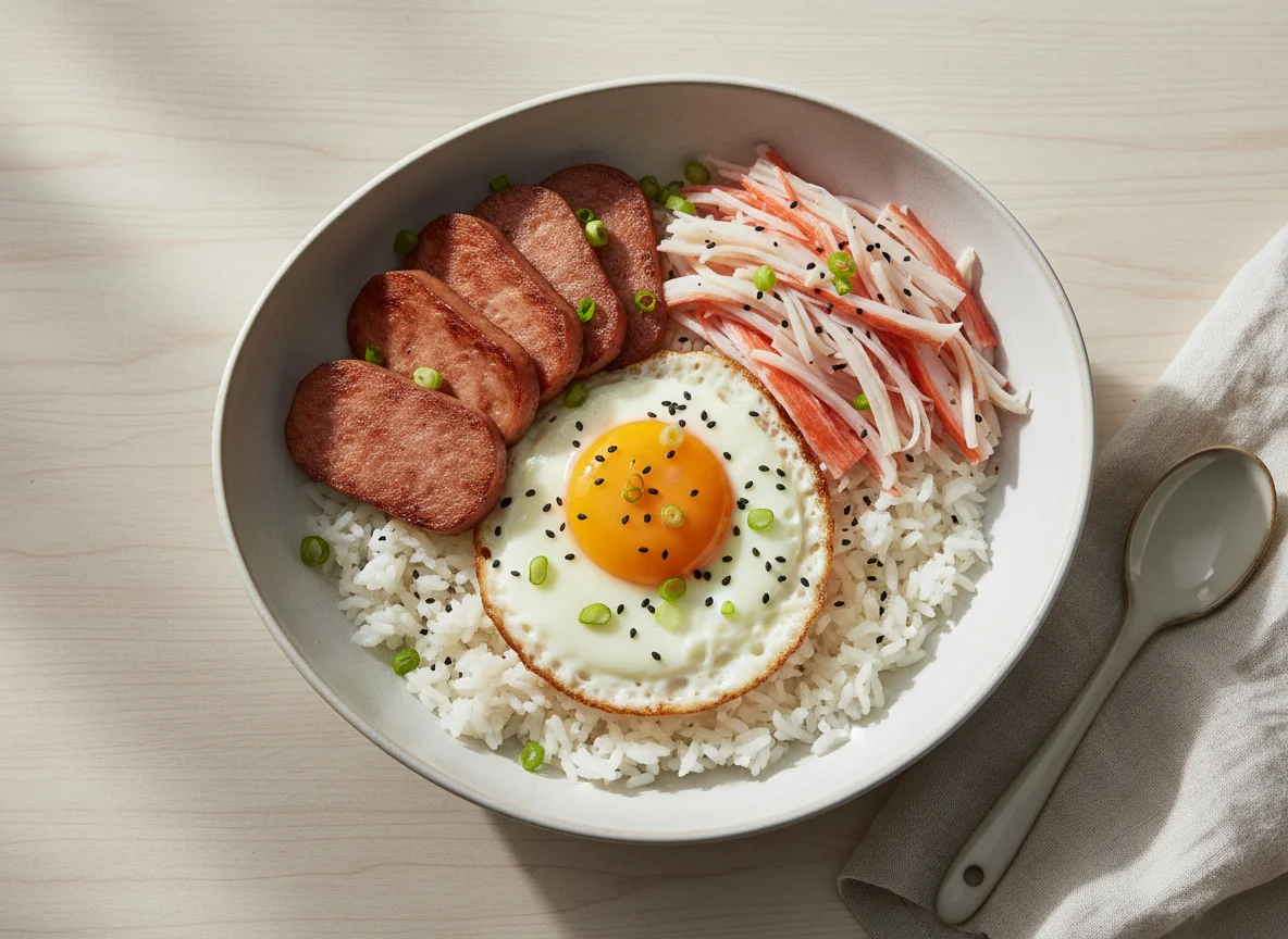 Breakfast bowl with eggs, processed meat, and imitation crab photo