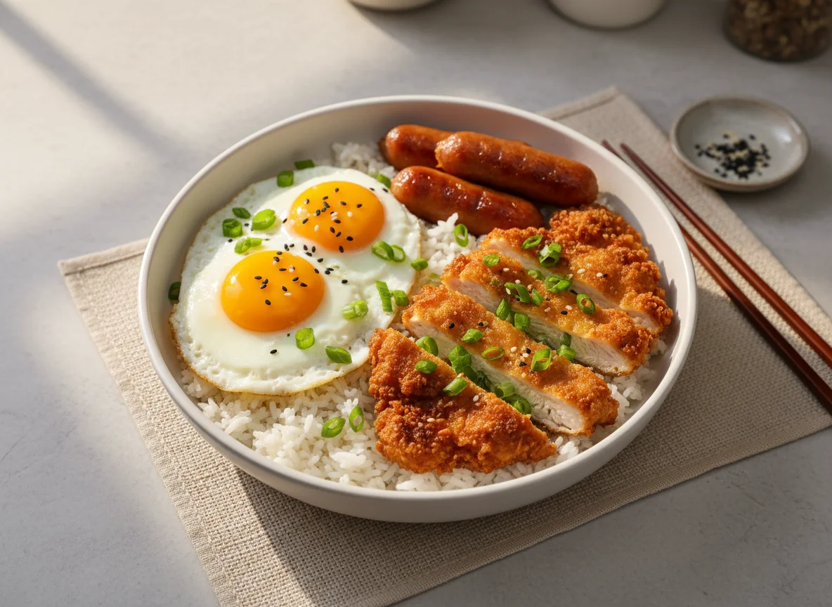 Breakfast Bowl with Fried Eggs, Sausage, and Chicken photo