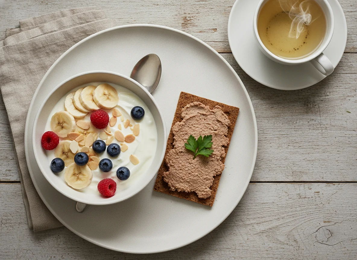 Breakfast bowl with fruit and nuts, crispbread with pate, and tea photo