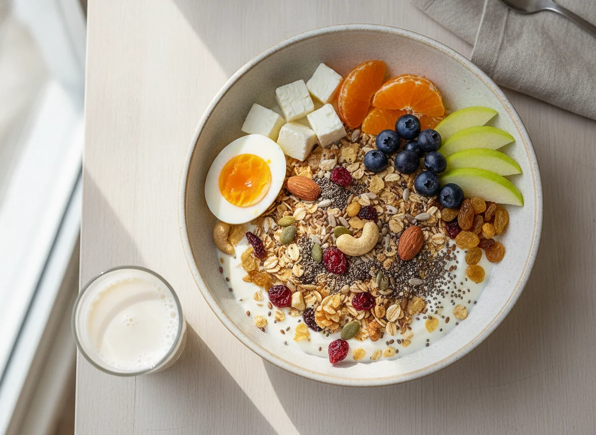 Breakfast bowl with fruit, egg, and muesli photo