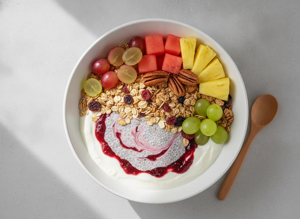 Breakfast bowl with muesli, chia pudding and pineapple photo