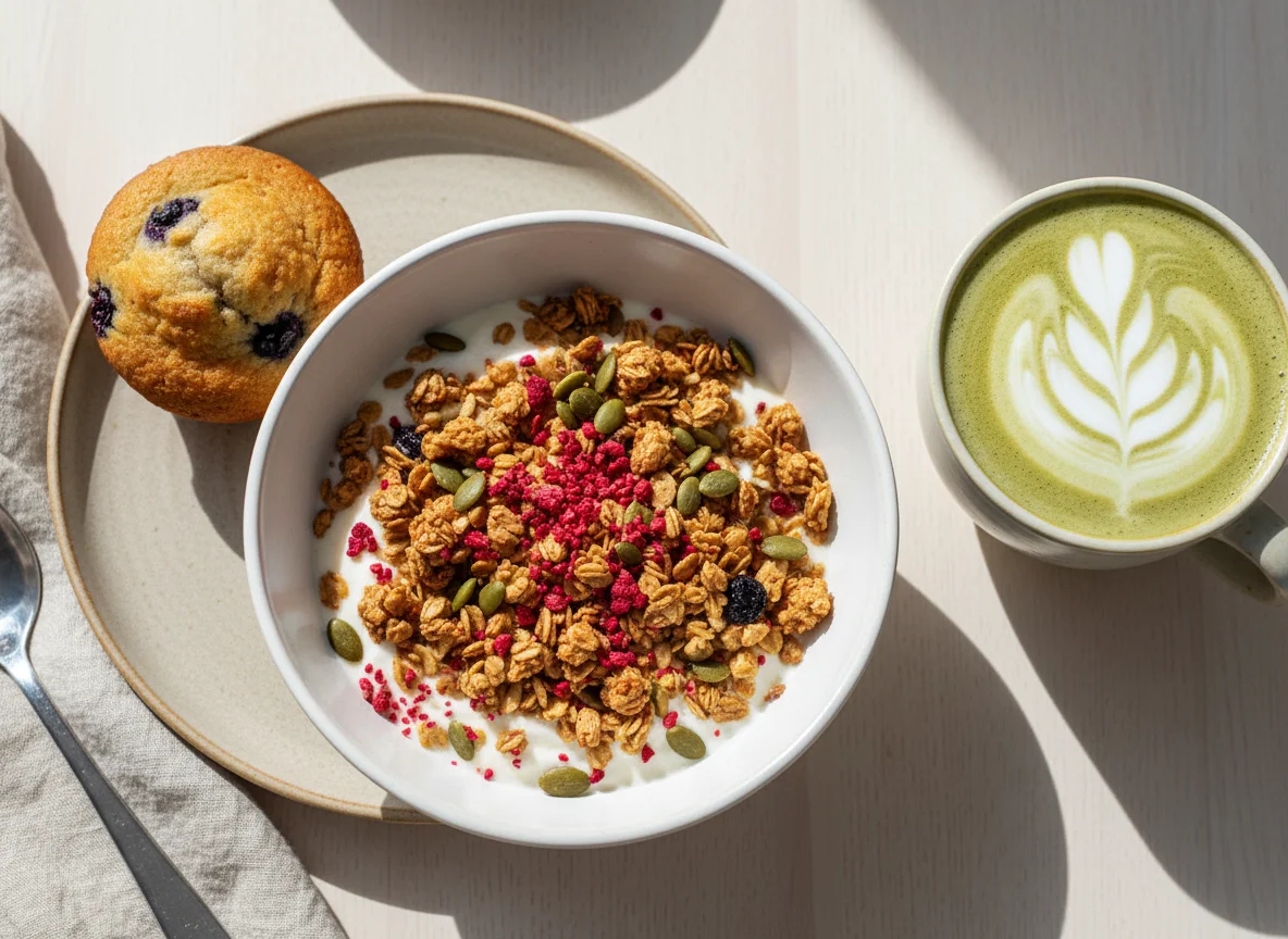 Breakfast Bowl with Muffin and Matcha Latte photo