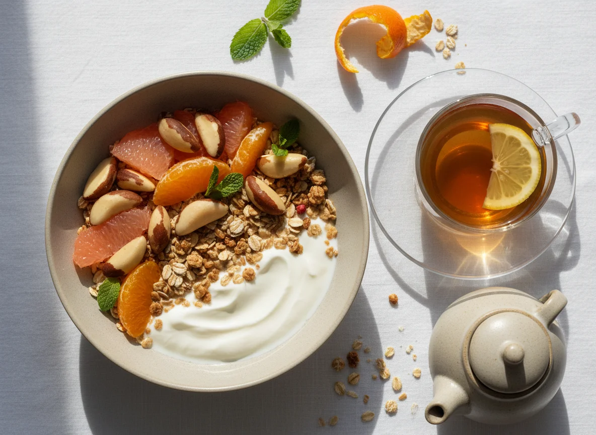 Breakfast bowl with nuts and tea photo
