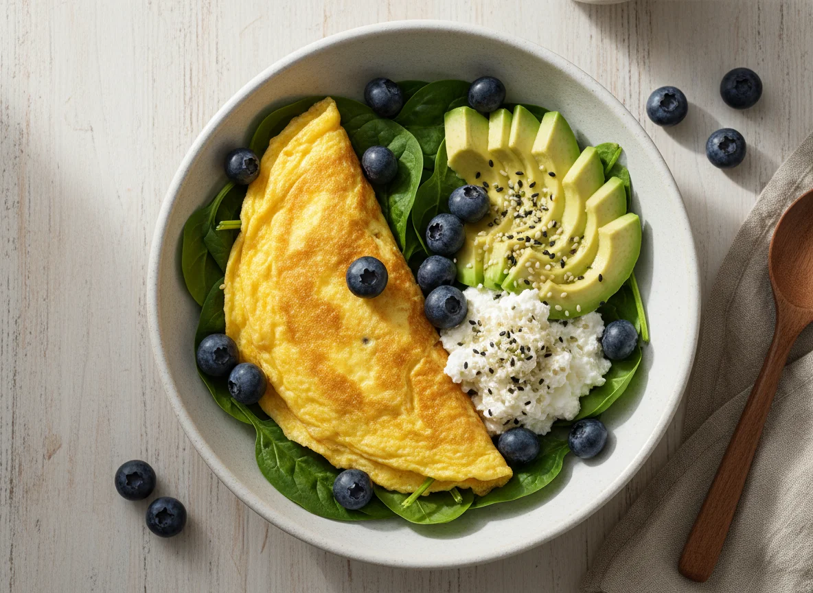 Breakfast Bowl with Omelette, Avocado, and Berries photo