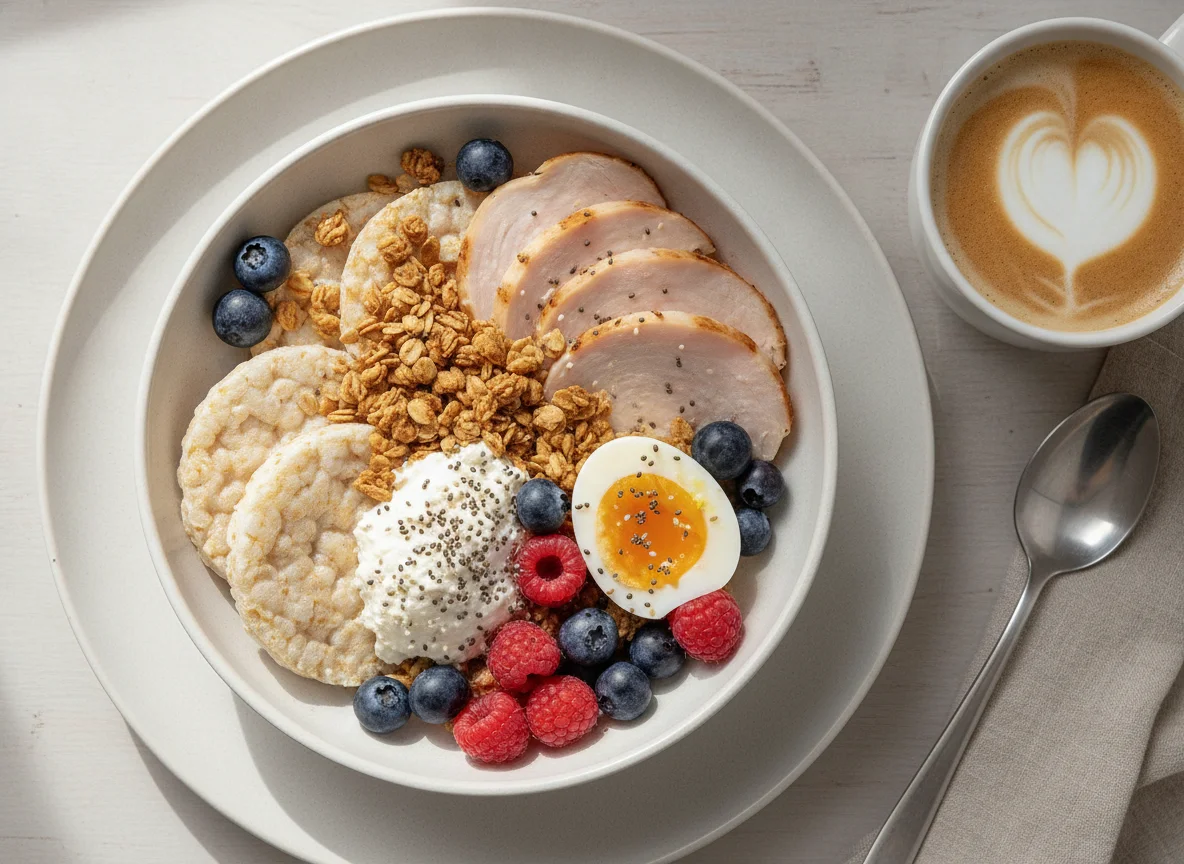 Breakfast bowl with rice cakes and coffee photo
