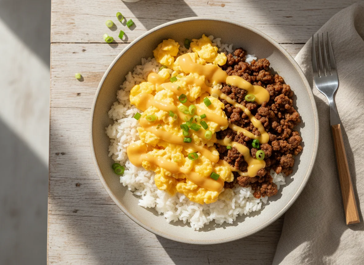 Breakfast Bowl with Rice, Eggs, and Ground Meat photo