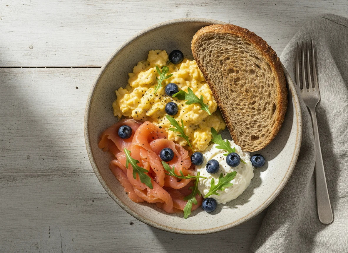 Breakfast bowl with salmon, eggs, and bread photo