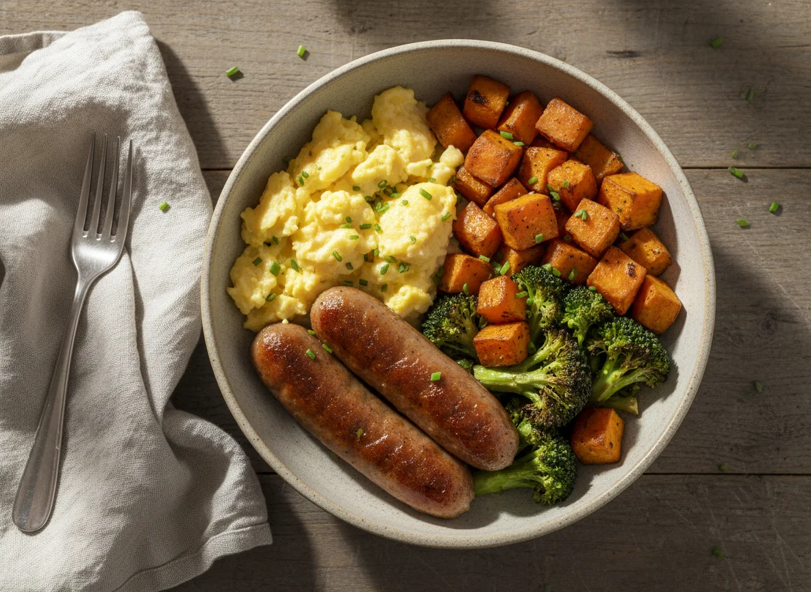 Breakfast bowl with scrambled eggs, sausage, sweet potato, and broccoli photo
