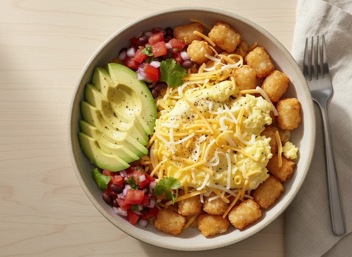 Breakfast Bowl with Tater Tots, Scrambled Eggs, Cheese, Avocado, and Salsa photo