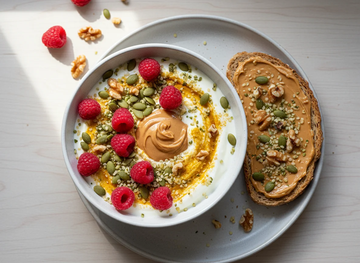 Breakfast bowl with toast photo