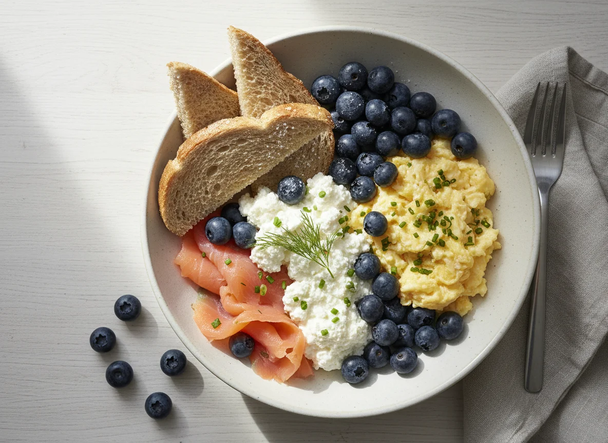 Breakfast bowl with toast, salmon, cottage cheese, eggs, and blueberries photo