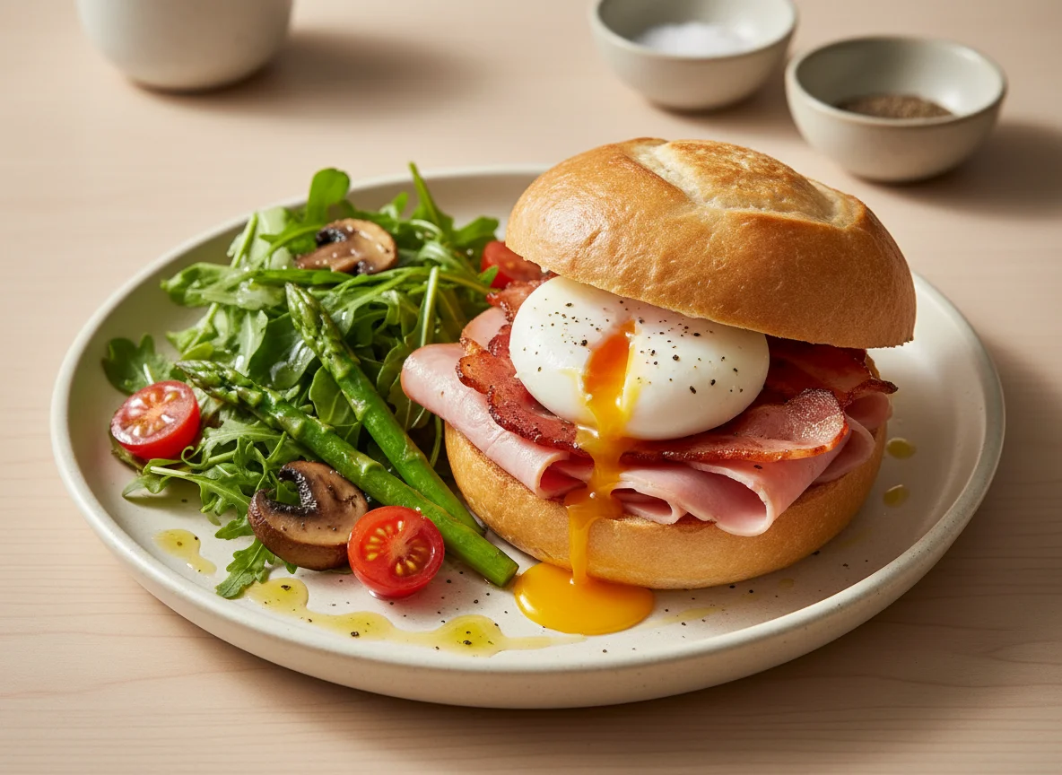 Breakfast Bun with Ham, Bacon, Poached Egg and Side Salad photo
