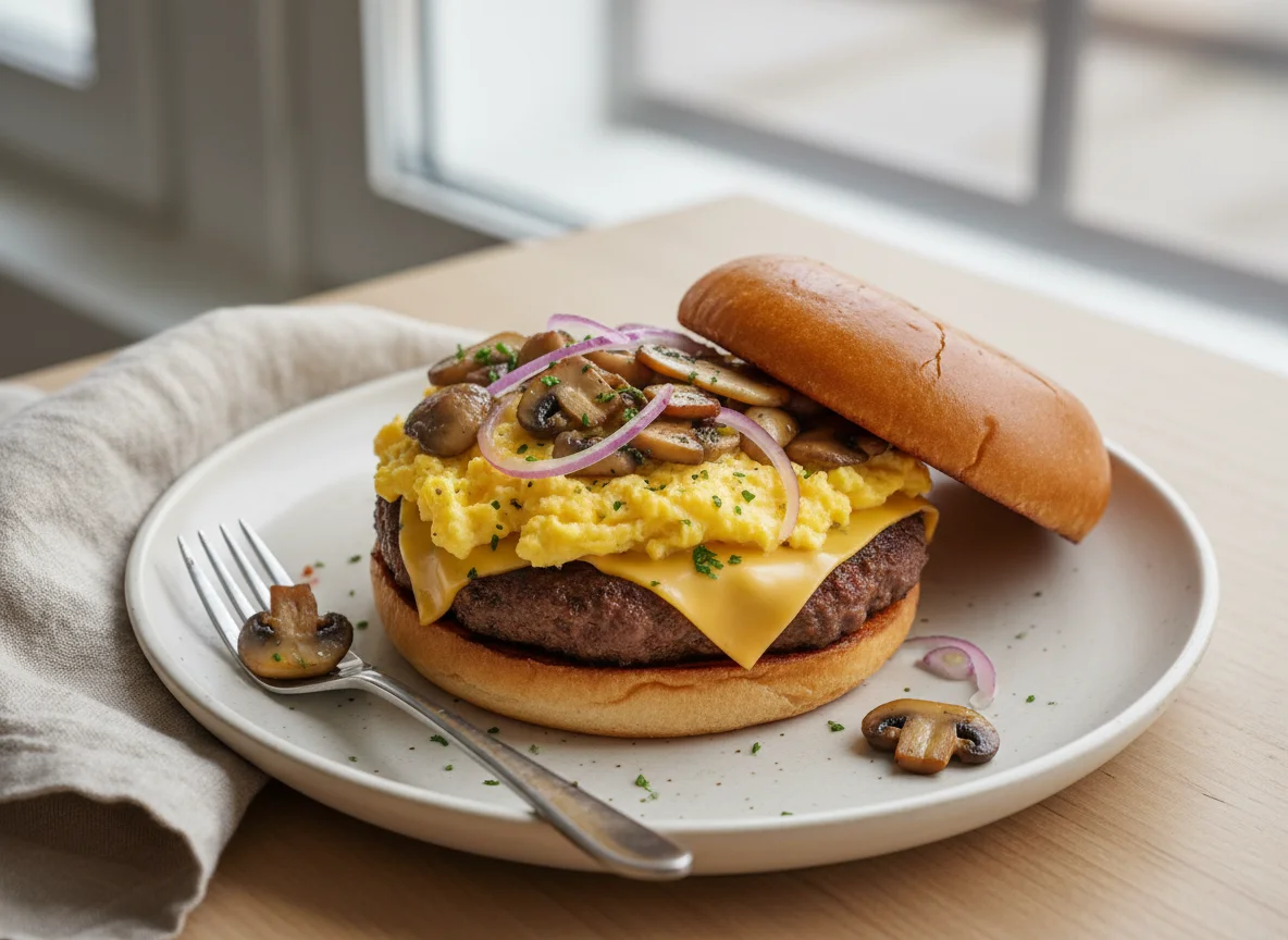 Breakfast Burger with Scrambled Eggs and Mushrooms photo