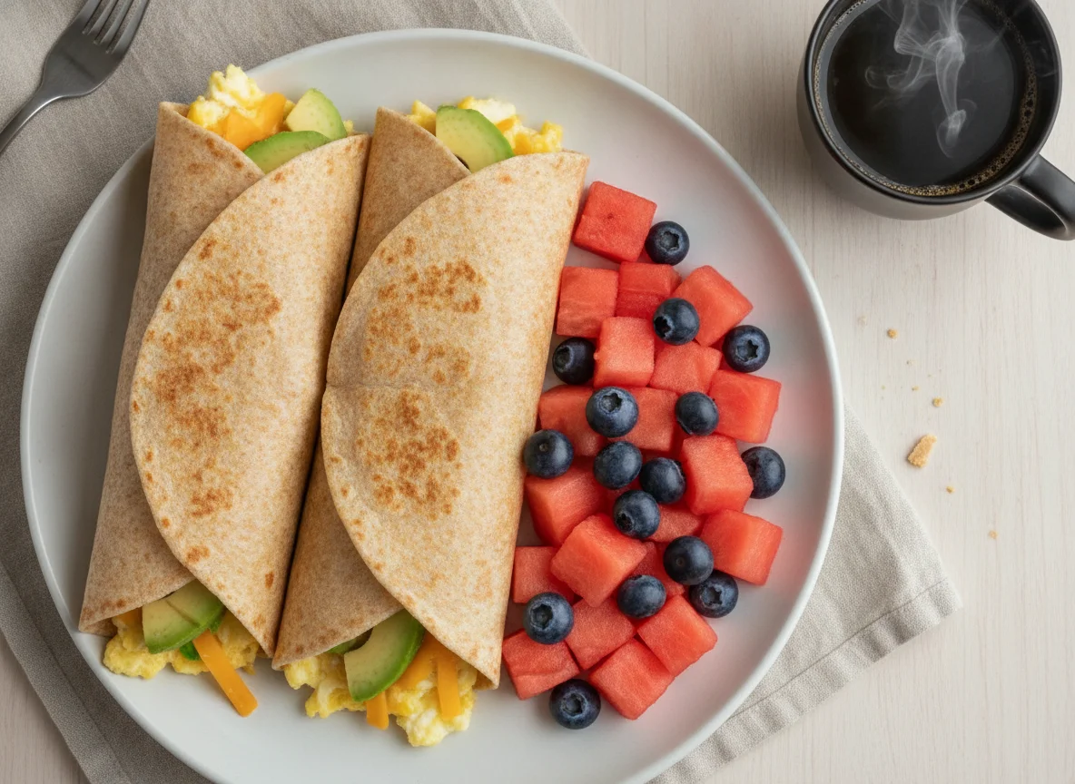 Breakfast Burritos with Avocado, Watermelon, and Blueberries photo