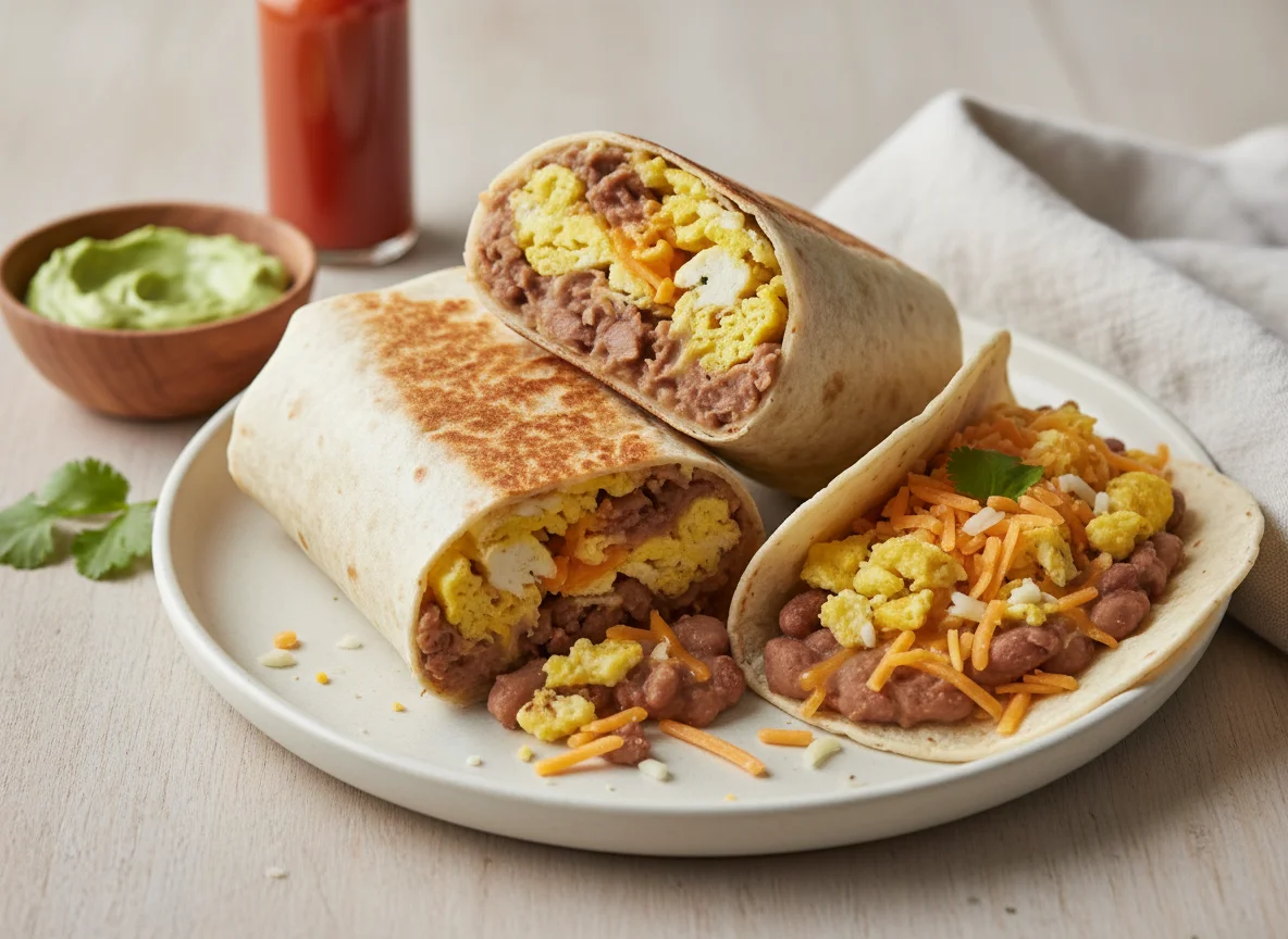 Breakfast Burrito/Taco with Refried Beans, Scrambled Eggs, and Cheese photo