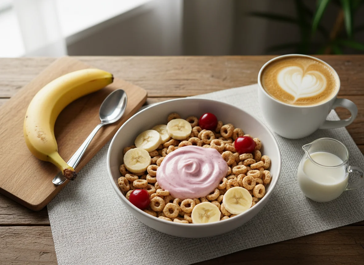 Breakfast Cereal with Banana and Coffee photo