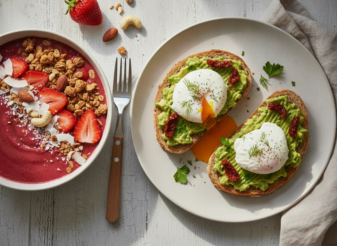 Breakfast Combo: Smoothie Bowl and Avocado Toast with Poached Eggs photo