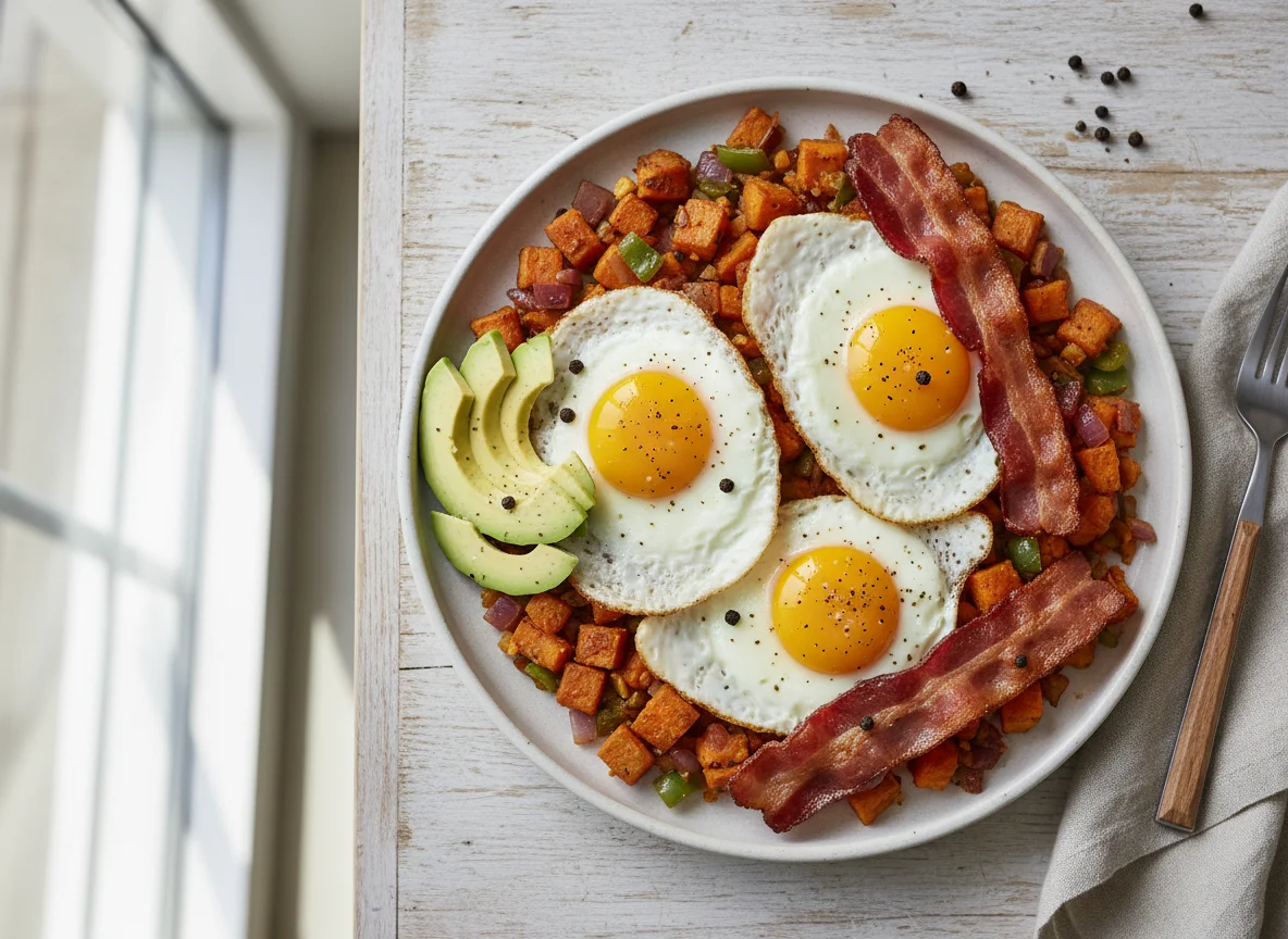 Breakfast Hash with Eggs and Bacon photo