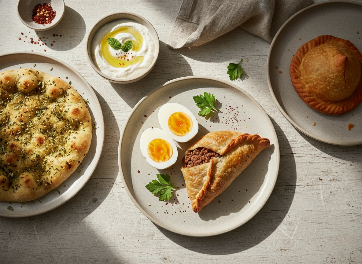 Breakfast items with egg and pastry photo