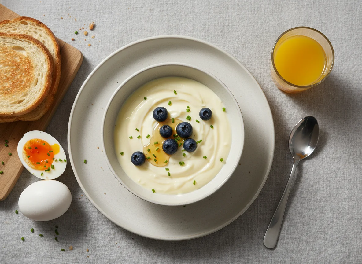 Breakfast items: Yoghurt, White Bread, and Eggs photo