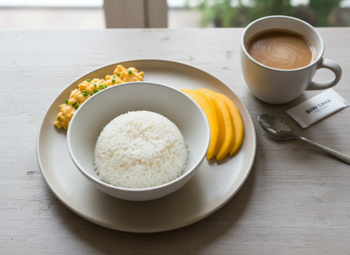 Breakfast meal with rice, scrambled eggs, mango, and coffee photo
