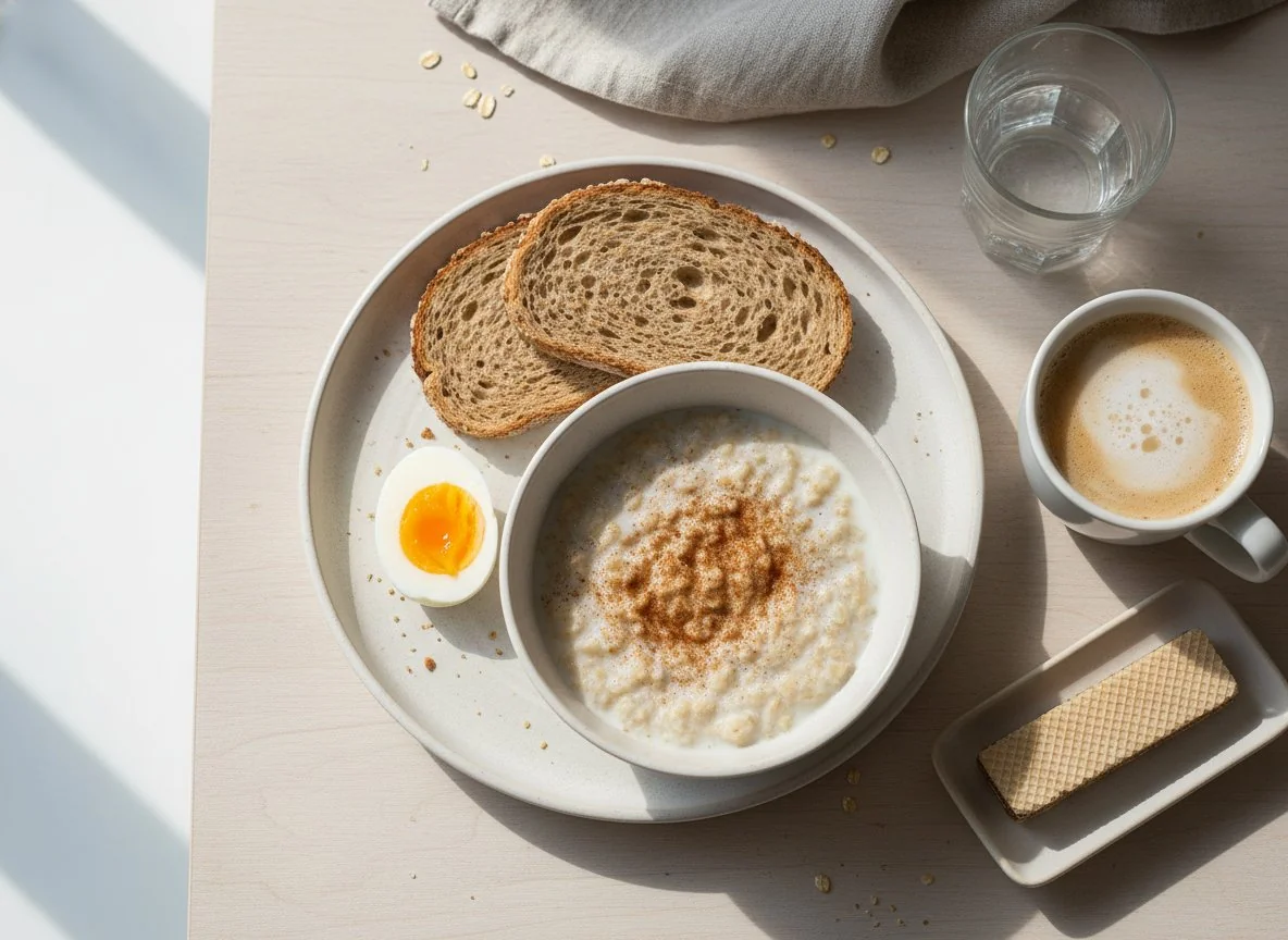 Breakfast meal with toast, eggs, oatmeal, and coffee photo