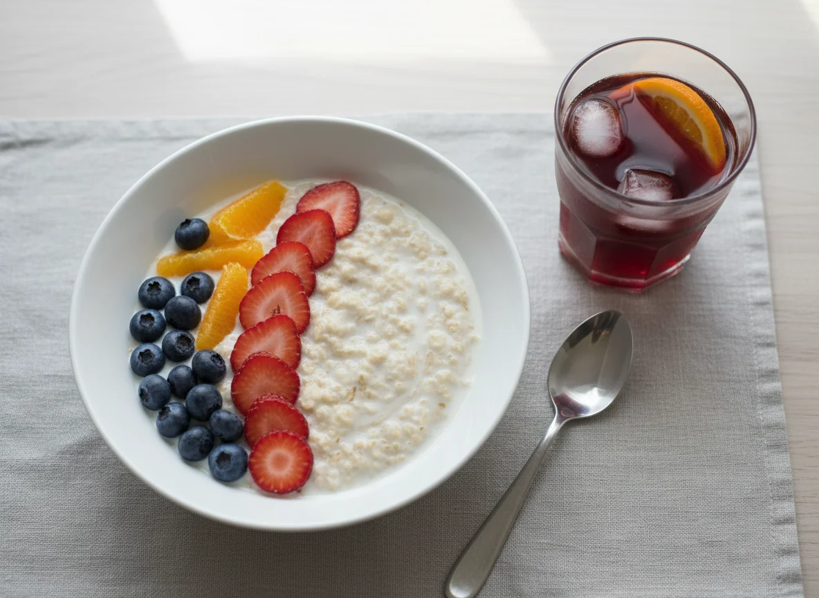Breakfast Oatmeal with Fruit and Juice photo